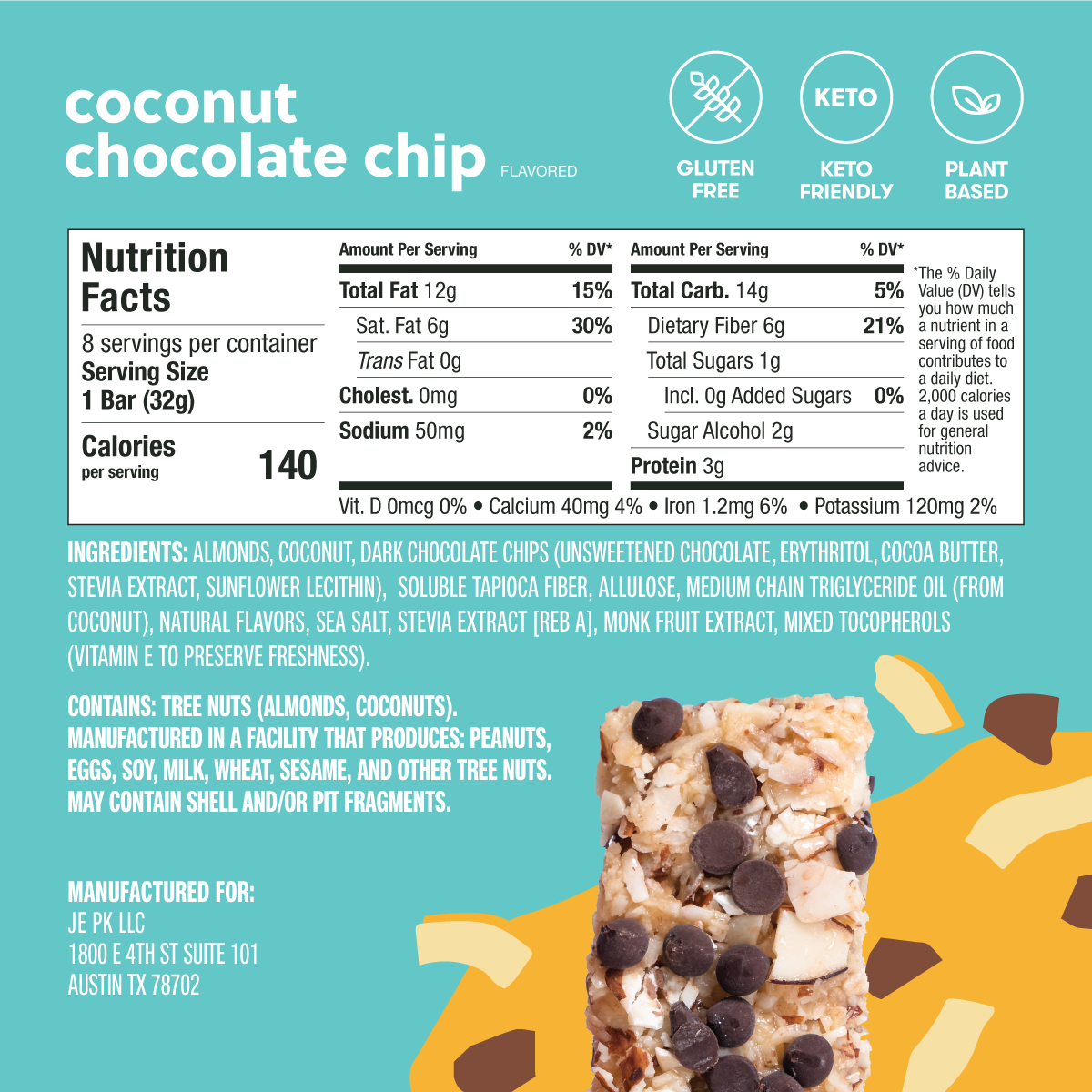 Nutrition label and packaging of coconut chocolate chip bars with ingredients listed.