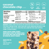 Nutrition label and packaging of coconut chocolate chip bars with ingredients listed.