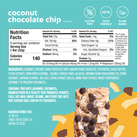 Nutrition label and packaging of coconut chocolate chip bars with ingredients listed.
