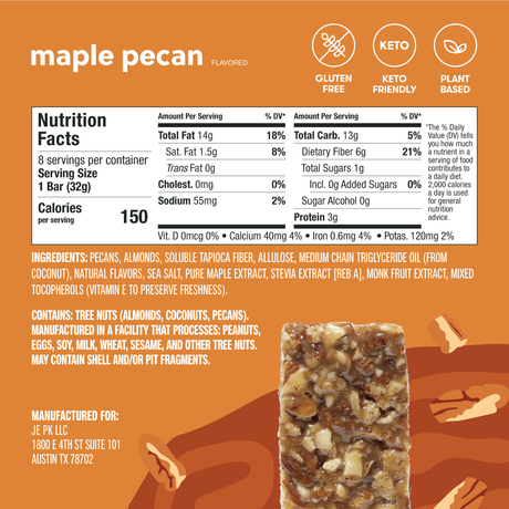 Maple pecan flavored bar with nutrition facts and ingredients on an orange background