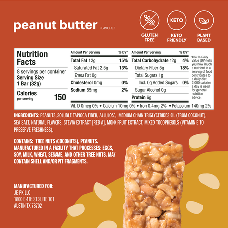 Peanut butter flavored bar with nutrition facts and ingredients on an orange background