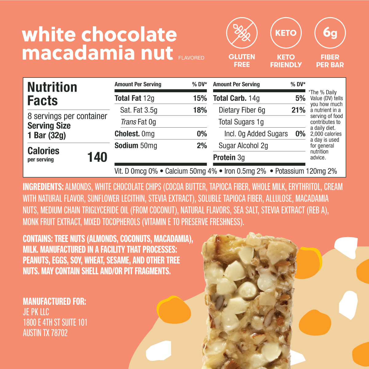 Nutrition label and ingredients of a white chocolate macadamia nut flavored bar on a pink background.