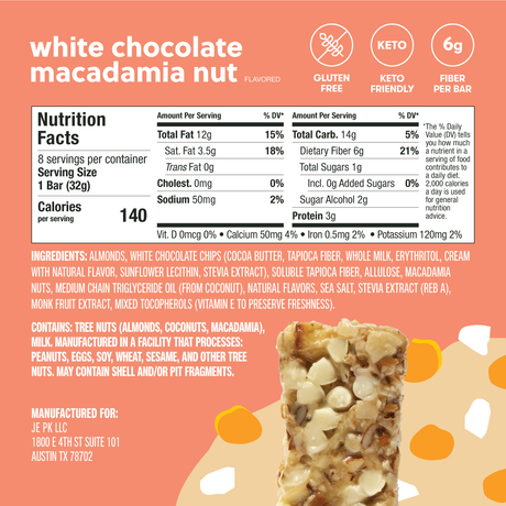 Nutrition label and ingredients of a white chocolate macadamia nut flavored bar on a pink background.