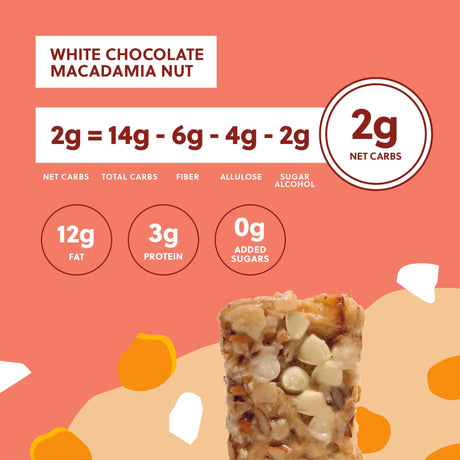 White chocolate macadamia nut bar with nutritional information on a pink background