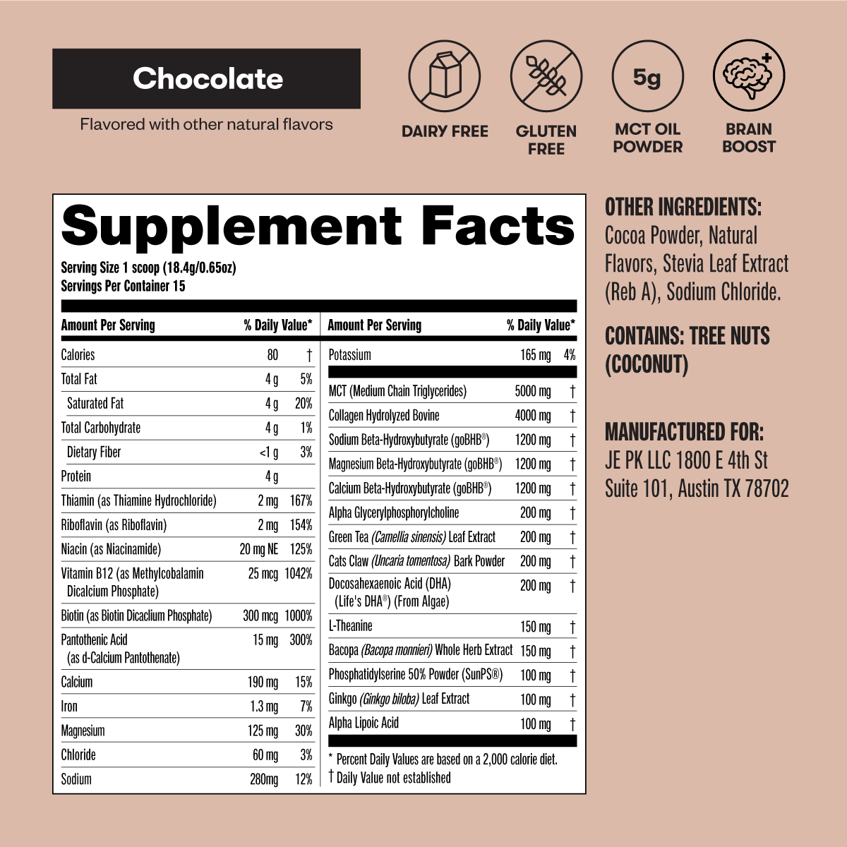 Supplement label with chocolate flavor details and supplement facts on a brown background