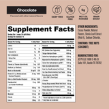 Supplement label with chocolate flavor details and supplement facts on a brown background