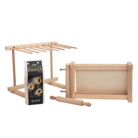 Wooden pasta-making tools including a rolling pin and pasta sheet, with a box labeled 'Homemade Italian Pasta'.