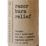 Razor burn relief product with ingredients listed on a kraft label
