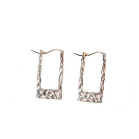 Pair of square hoop earrings with a textured finish on a white background