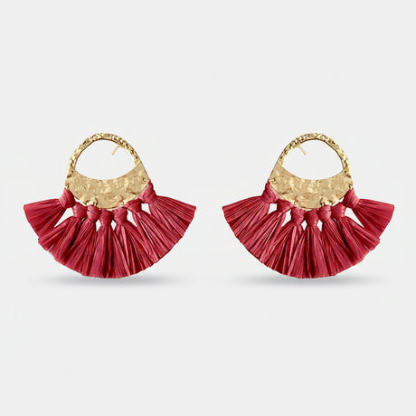Red Raffia Fan Earrings-0