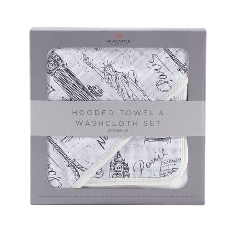 London, Paris, New York Hooded Towel and Washcloth Set-0