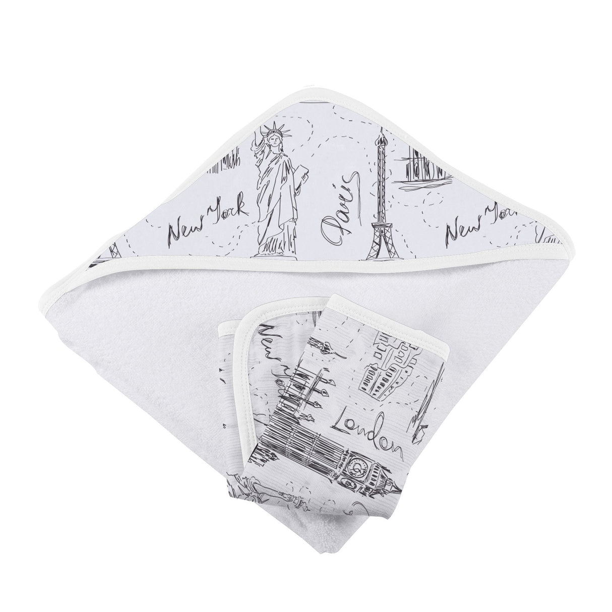 London, Paris, New York Hooded Towel and Washcloth Set-3