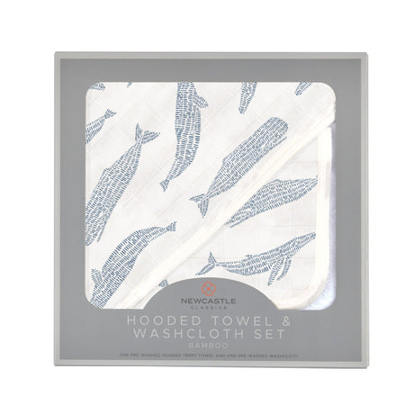 Blue Shadow Whales Bamboo Hooded Towel and Washcloth Set-0