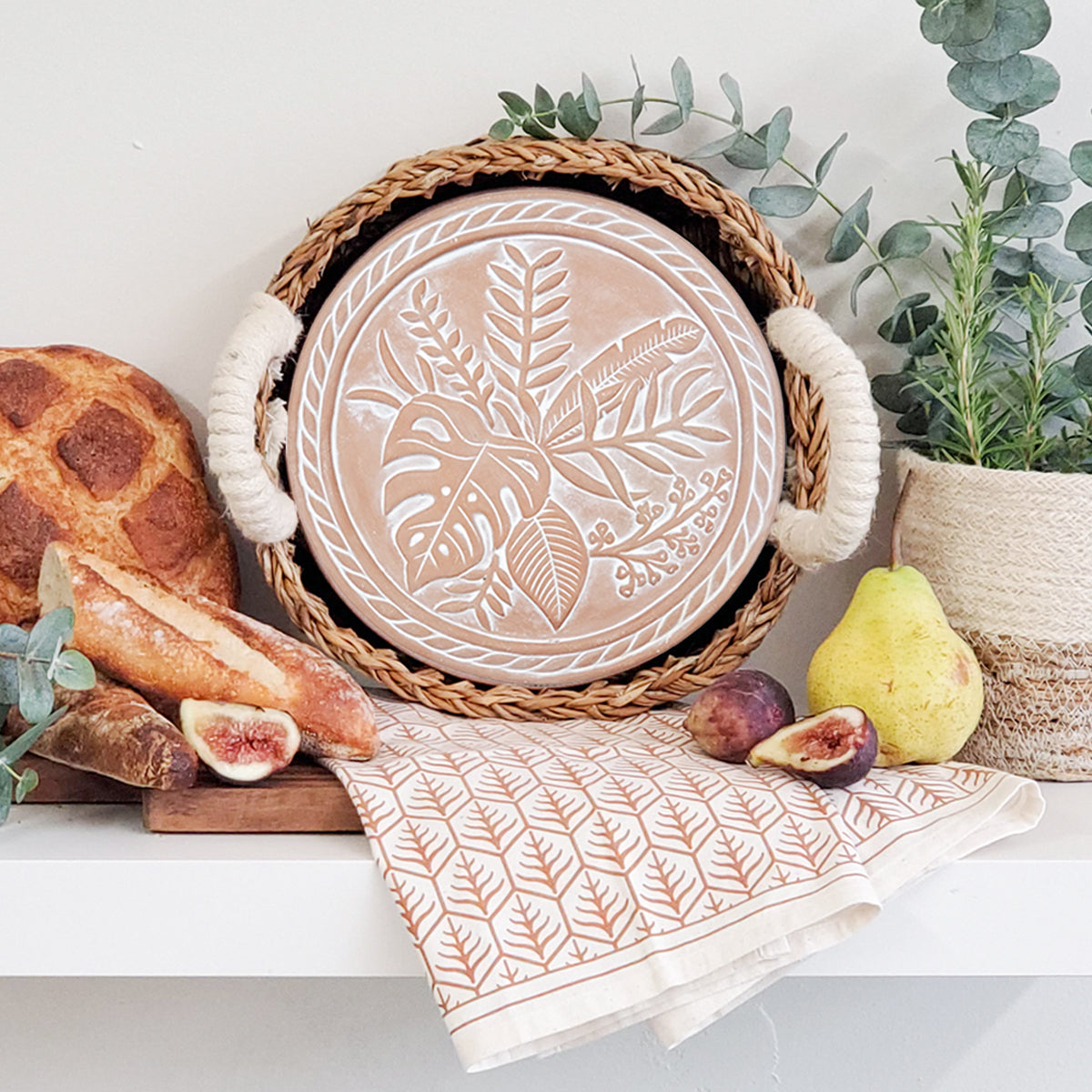 Bread Warmer & Basket Gift Set with Tea Towel - Plant Round