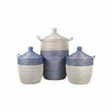 Three woven baskets with blue and white checkered lids on a white background