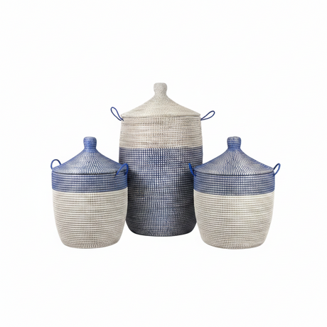 Three woven baskets with blue and white checkered lids on a white background