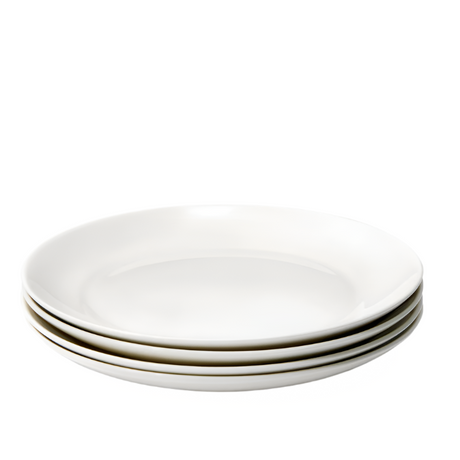 Stack of white ceramic plates on a light gray background
