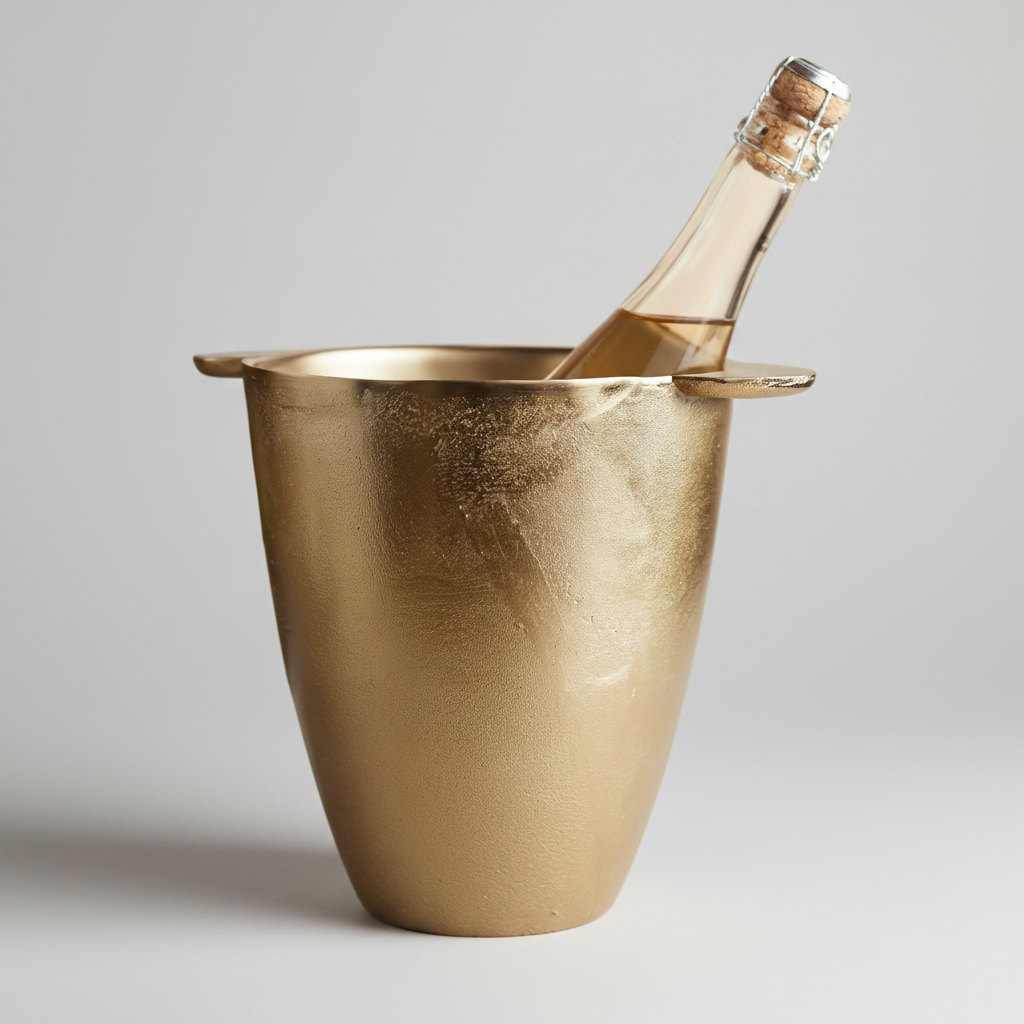 Gold champagne bucket with a bottle of champagne on a white background