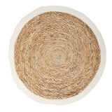 Set of round woven placemats with natural and beige colors on a white background