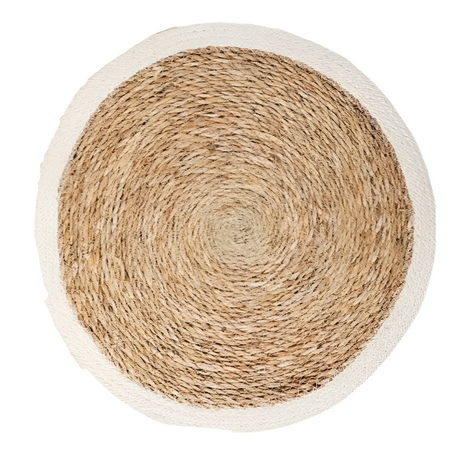 Set of round woven placemats with natural and beige colors on a white background