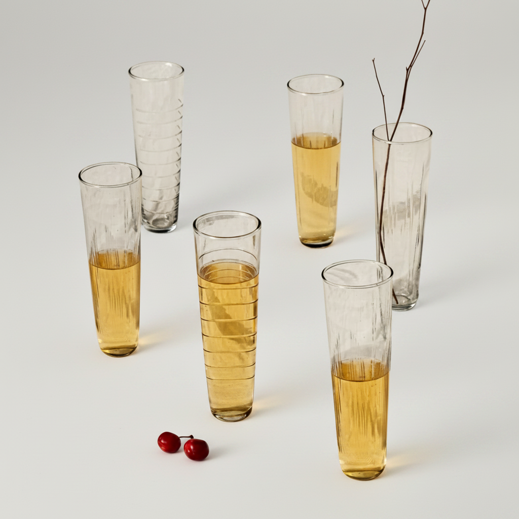 Set of tall glasses with a textured design, filled with a yellowish liquid, on a white background.