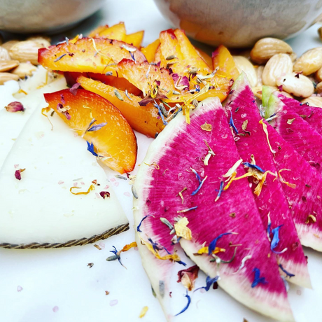 Sliced watermelon radishes with peaches, cheese and nuts on a white plate