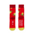 Red socks with pineapple pattern and text