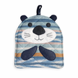 Striped animal-shaped pot holder with a blue and white design on a white background