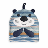 Striped animal-shaped pot holder with a blue and white design on a white background