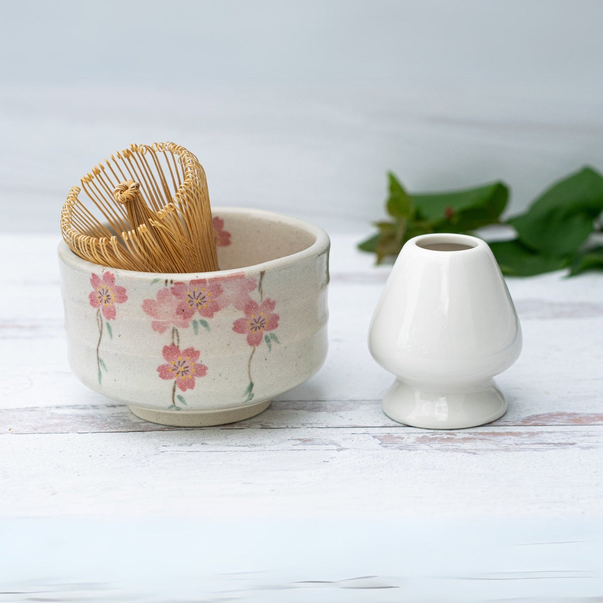 Pink Sakura Flowers Ceramic Matcha Bowl, Bamboo Matcha Whisk, Whisk Holder & Organic Japanese Matcha Set - Sumiye Co