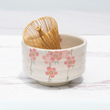 Pink Sakura Flowers Ceramic Matcha Bowl, Bamboo Matcha Whisk, Whisk Holder & Organic Japanese Matcha Set - Sumiye Co