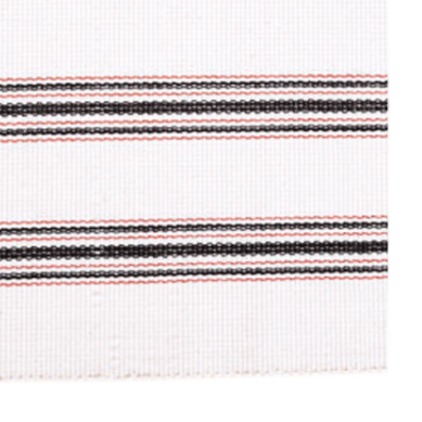 Close-up of striped fabric with black and red lines on a white background