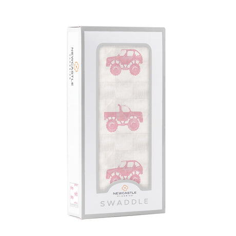 Pink Monster Trucks Bamboo Muslin Swaddle-1