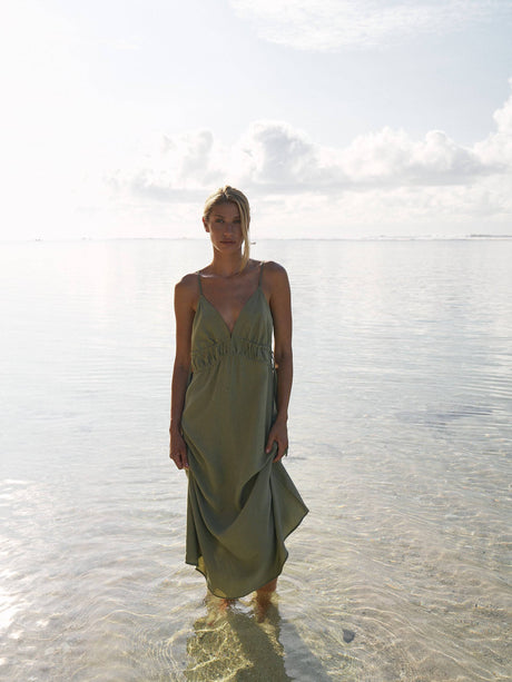 Sofia Ties Maxi Dress - Khaki Green - Sumiye Co