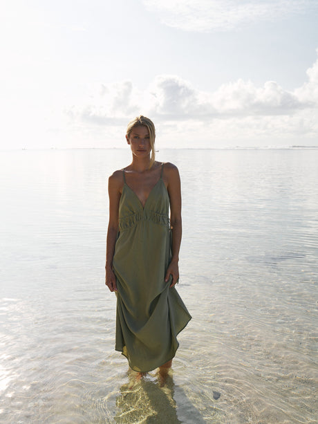 Sofia Ties Maxi Dress - Khaki Green - Sumiye Co