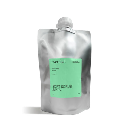 Silver soft scrub refill pouch with green label on a white background