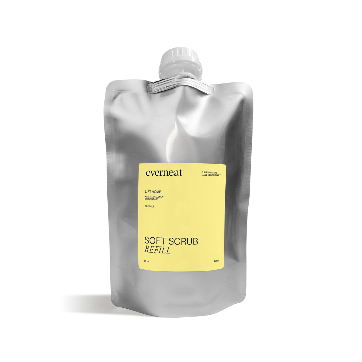 Silver soft scrub refill pouch with yellow label on a white background