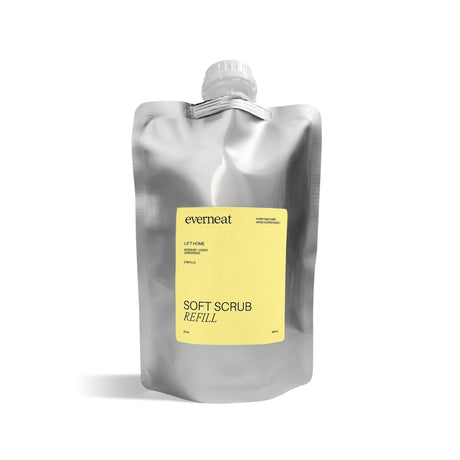 Silver soft scrub refill pouch with yellow label on a white background