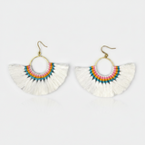Pair of colorful fan-shaped earrings on a light gray background