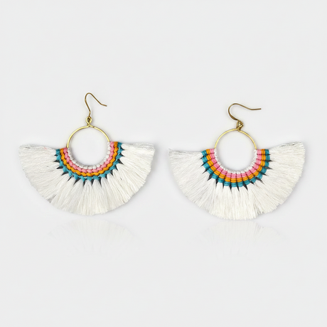 Pair of colorful fan-shaped earrings on a light gray background