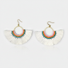 Pair of colorful fan-shaped earrings on a light gray background