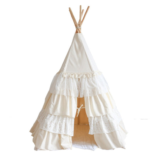 Teepee Tent “Shabby Chic” with Frills + "White" Leaf Mat Set