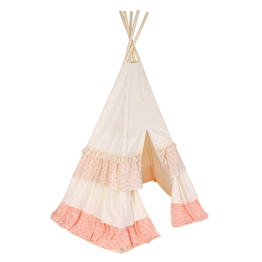 Teepee Tent "Forget-me-not" with Frills + "Light Pink Lily" Flower Mat Set