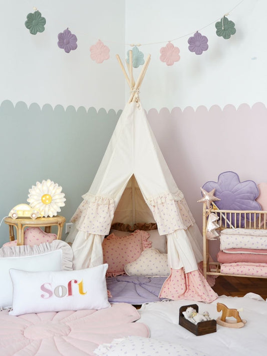 "Forget-me-not" Teepee Tent with Frills and "Light Pink Lily" Flower Mat Set by Moi Mili