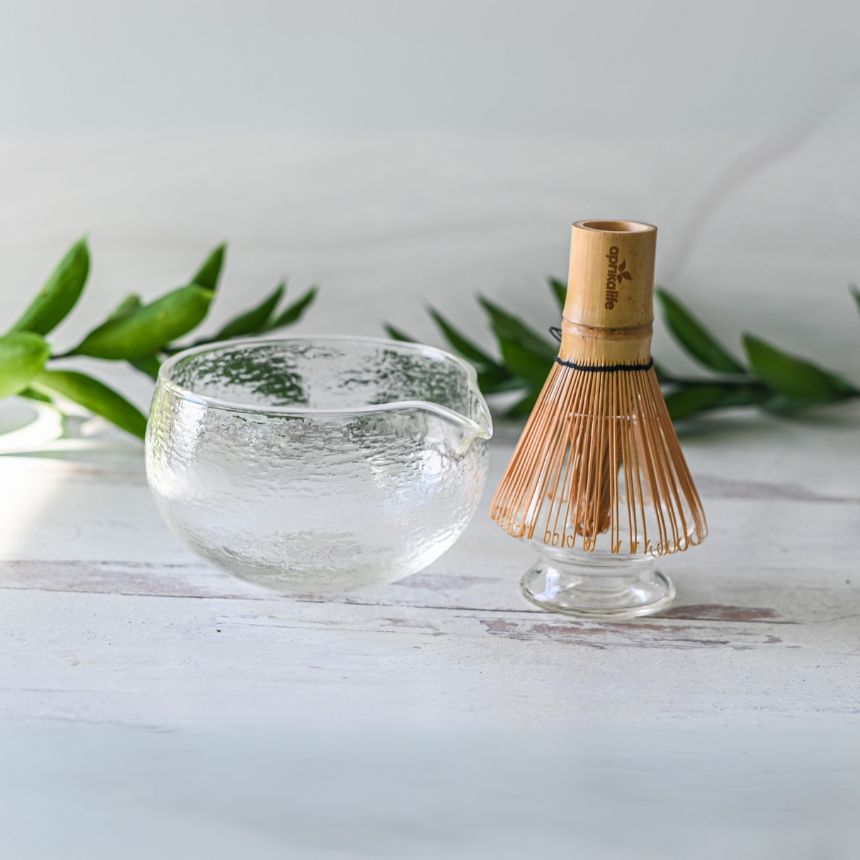 Textured Spouted Glass Matcha Bowl Pattern 1, Bamboo Matcha Whisk and Whisk Holder Set by Aprika Life