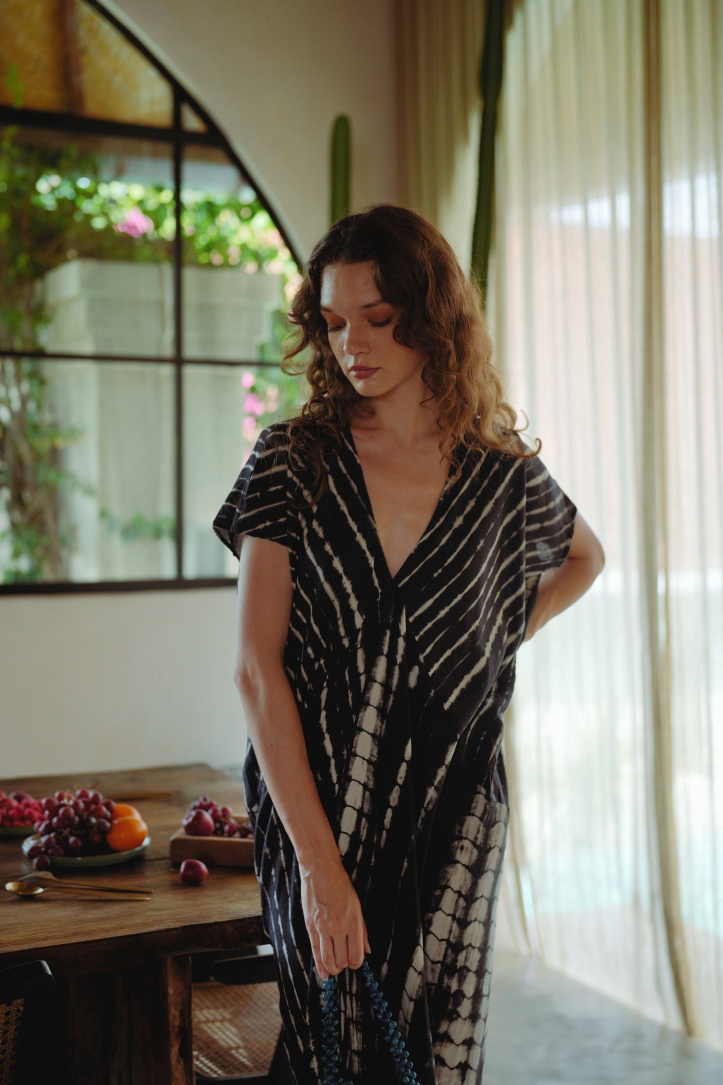 Madella Hand Dyed Kaftan Dress in Black Tie Dyed