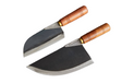 Two half-moon knives with wooden handles on a white background