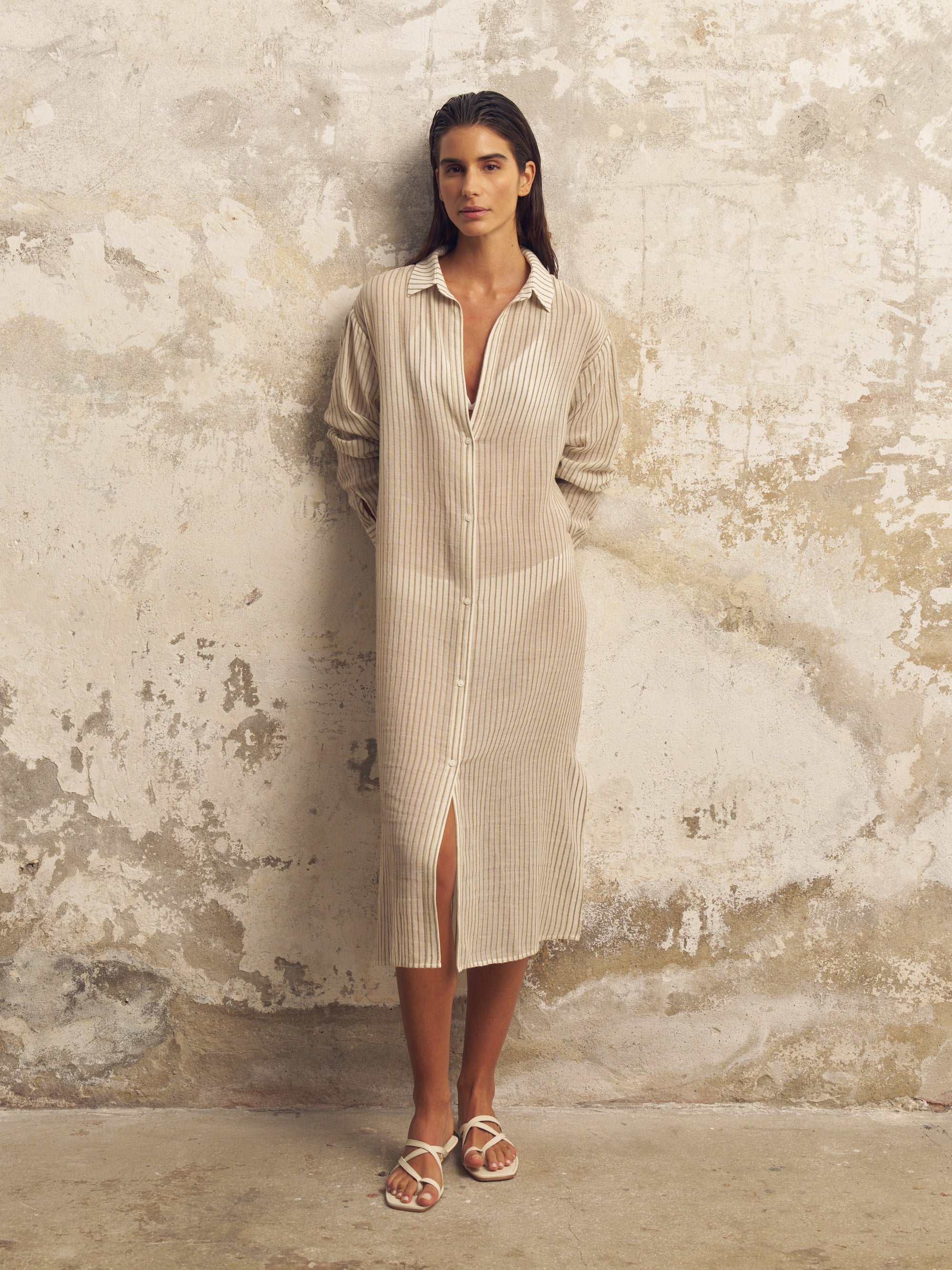 Voyage Shirt Dress - Khaki Green Stripes - Sumiye Co