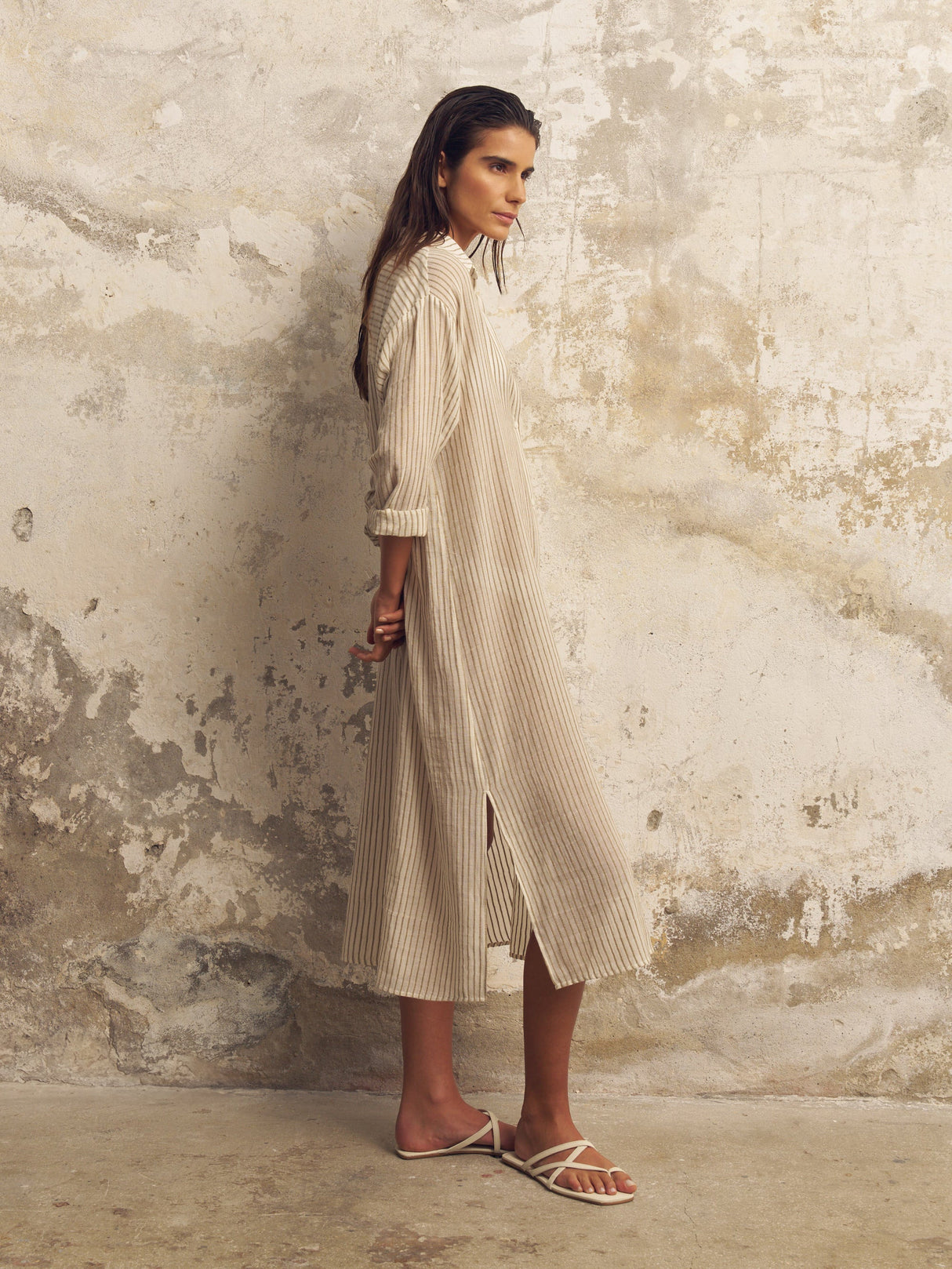 Voyage Shirt Dress - Khaki Green Stripes - Sumiye Co