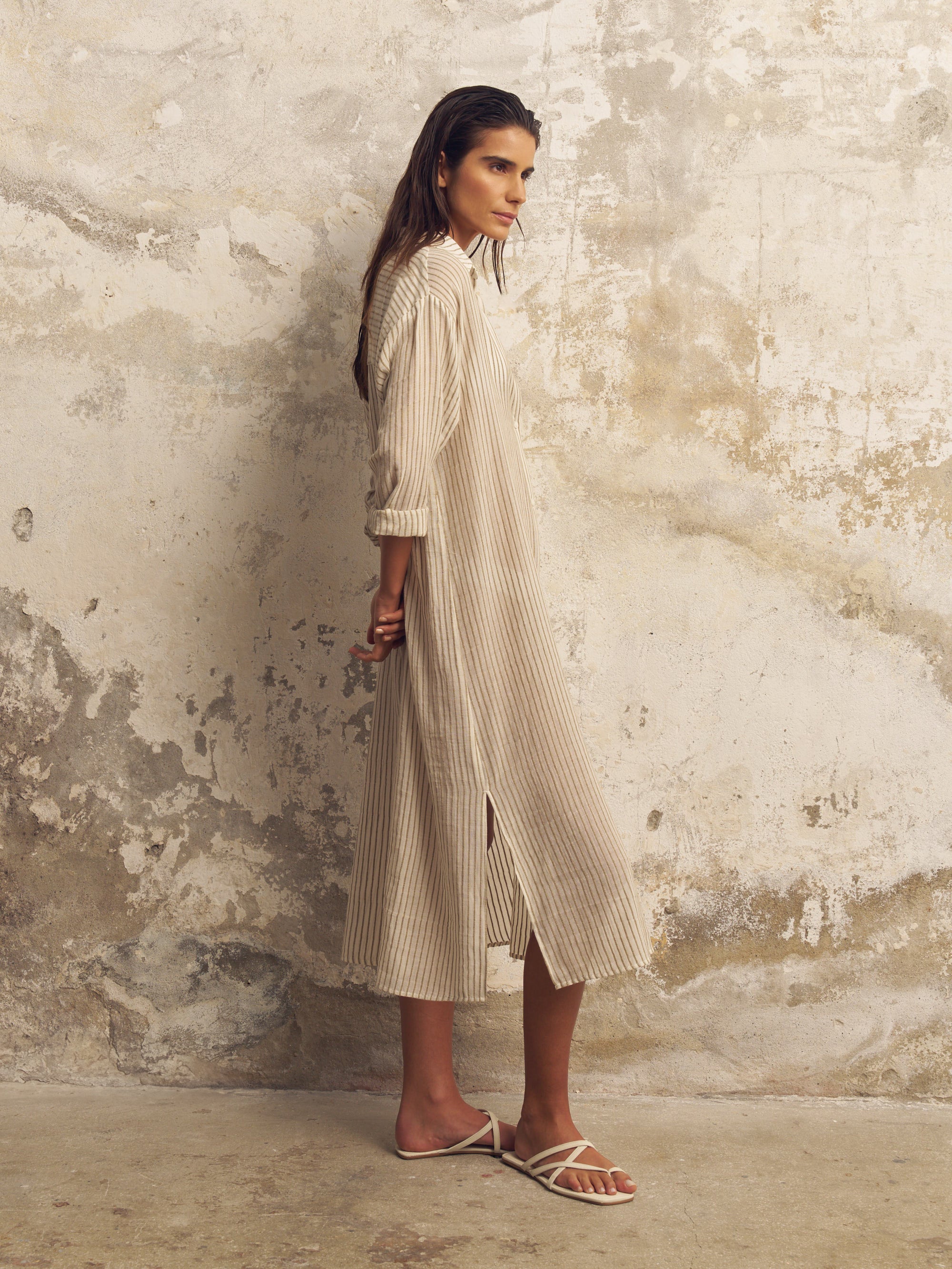 Voyage Shirt Dress - Khaki Green Stripes - Sumiye Co